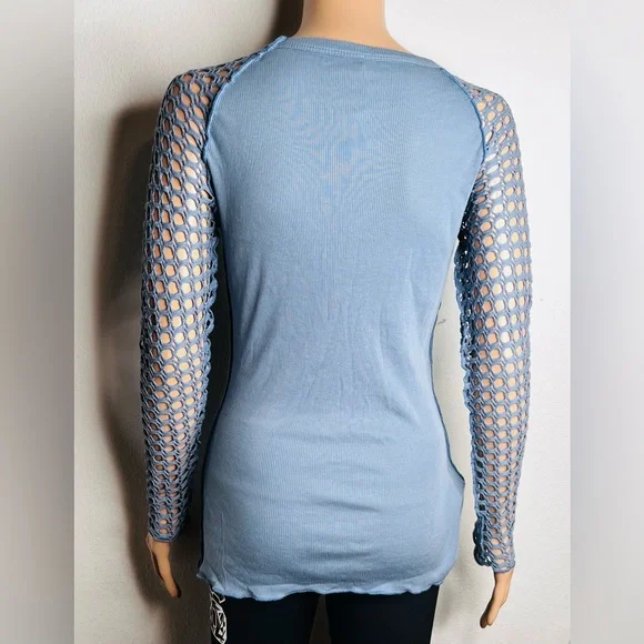 Pete Size Small Raglan Fish Net Mesh Long Sleeve Tee Shirt Light Blue - Picture 2 of 6